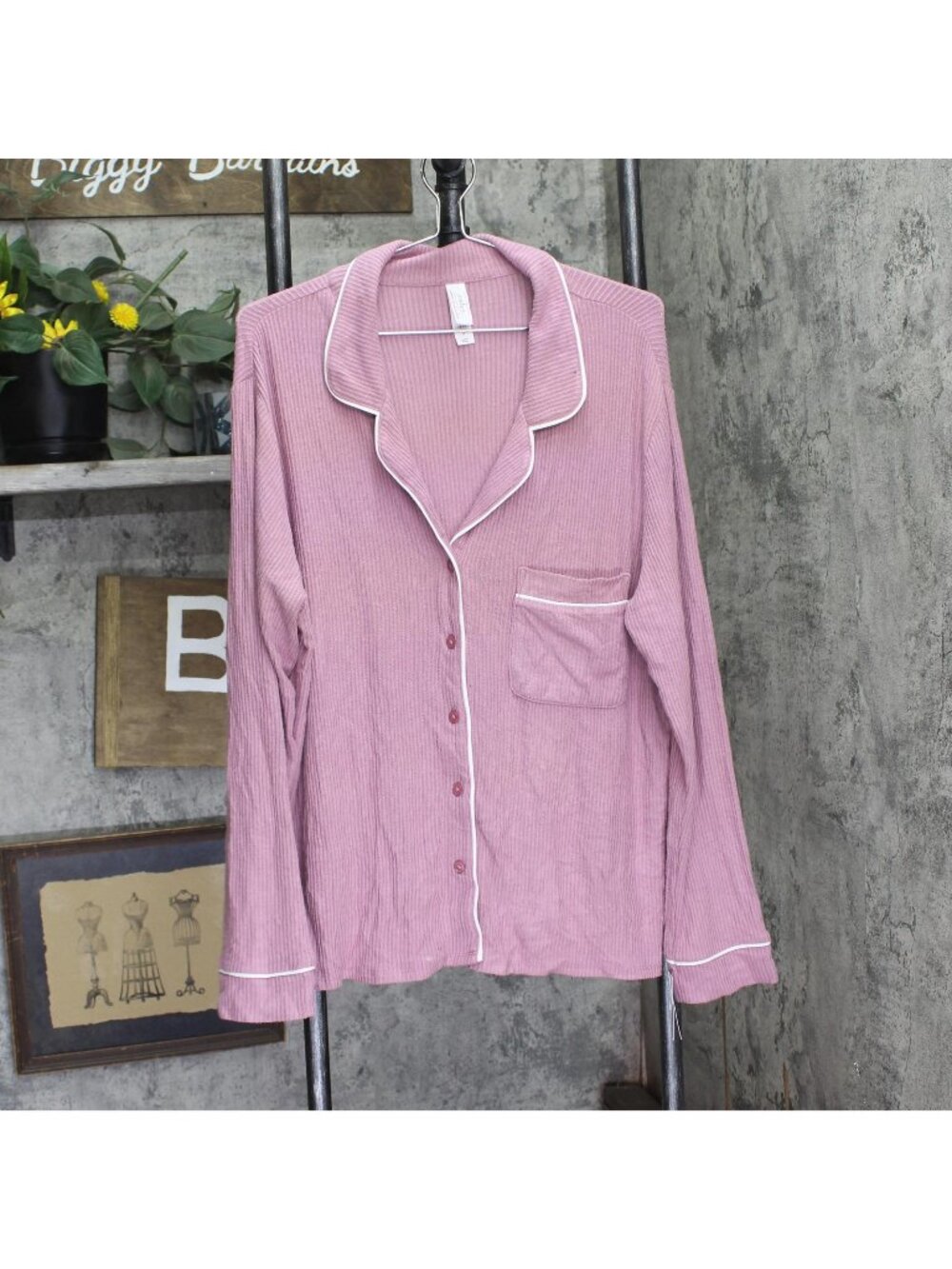 Auden Cozy Ribbed Notch Collar Long Sleeve Pajama Top 94437831 Pink XL